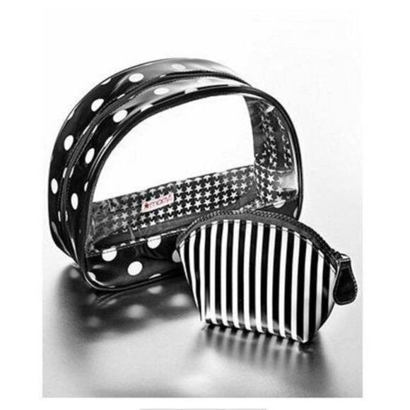 2 in 1 Black & White Polka Dot/Striped Cosmetic Vinyl Bags Duo - Picture 1 of 4